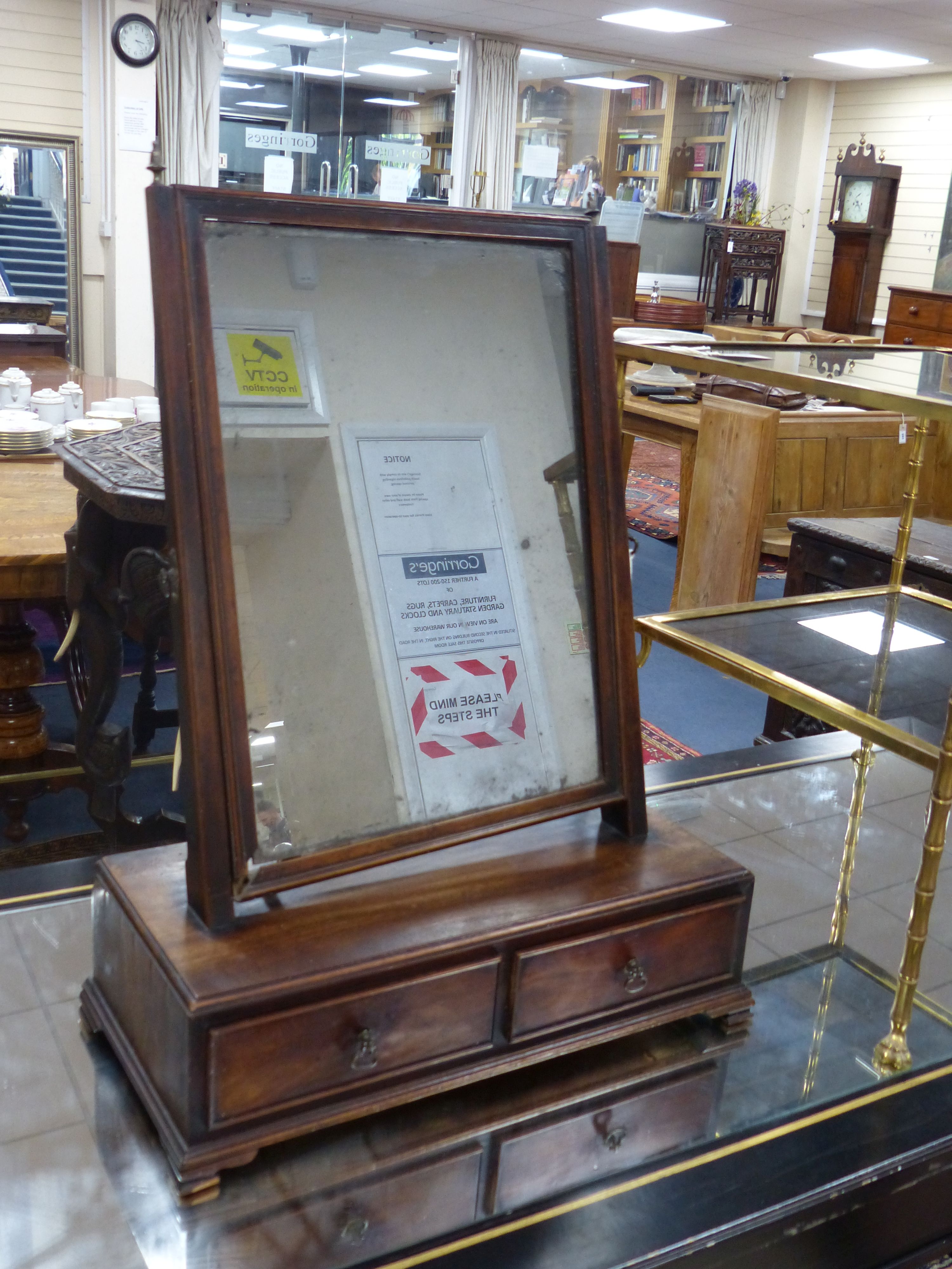 A George III mahogany two drawer box base toilet mirror, width 46cm, depth 23cm, height 62cm